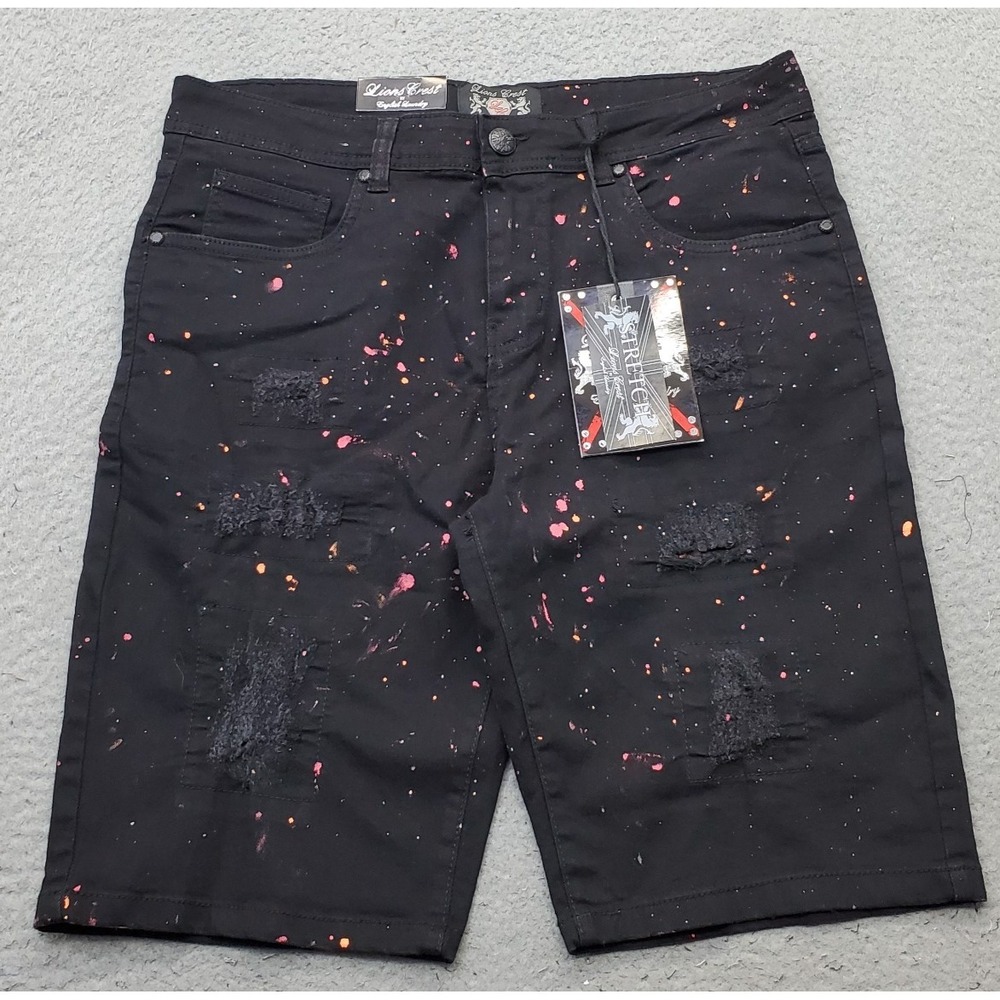 Lions Crest Bermuda Shorts Mens 32 Multi Paint Splatter Stretch Distressed
